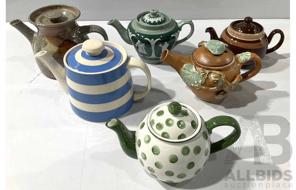 Collection Six Teapots Including TG Green Blue & White Stripe Example, Green Wedgwood Style Example and More