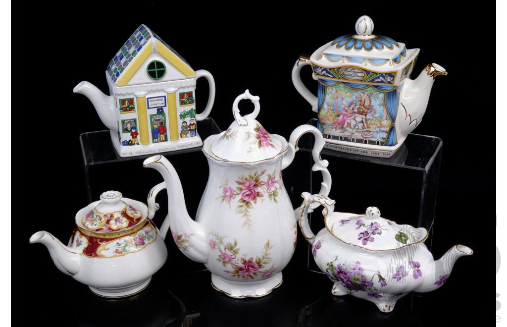 Collection Five Teapots Including Two Royal Albert Examples, Wade Railway Station, Saddler a Midsummer Nights Dream Example and More