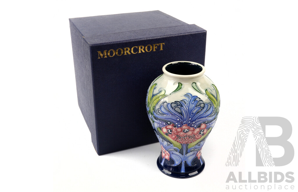 Moorcroft Porcelain Vase From the Shadow Collection in Florian Lilac Design by Emma Bossons in Original Box