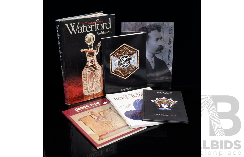 Collection Six Books Relating to Glass Collecting Including Waterford an Irish Art the Collectors Guide, Lalique and More