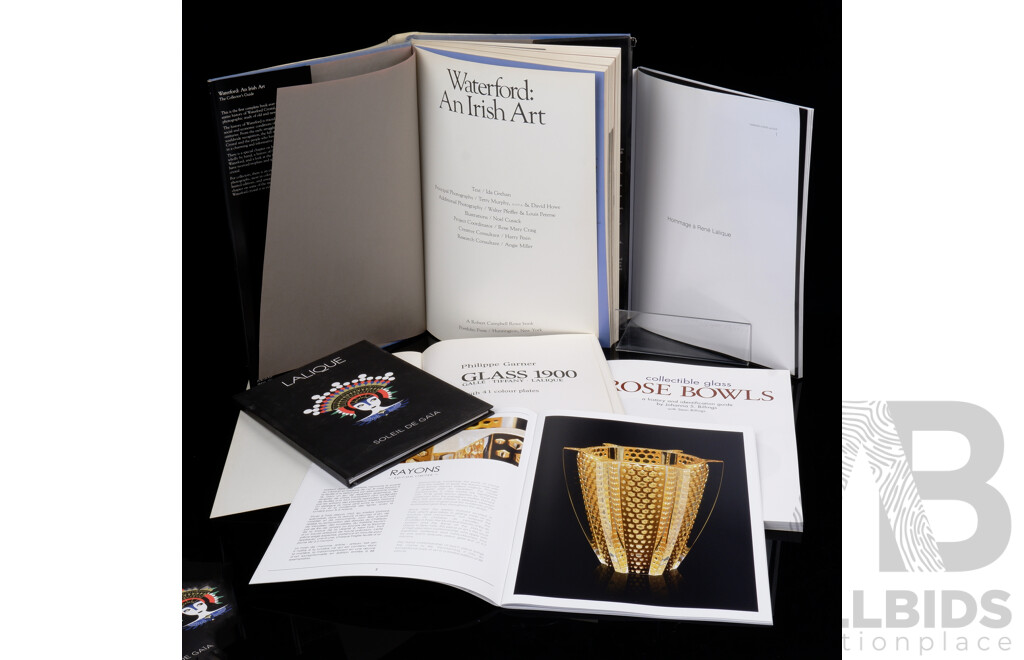 Collection Six Books Relating to Glass Collecting Including Waterford an Irish Art the Collectors Guide, Lalique and More