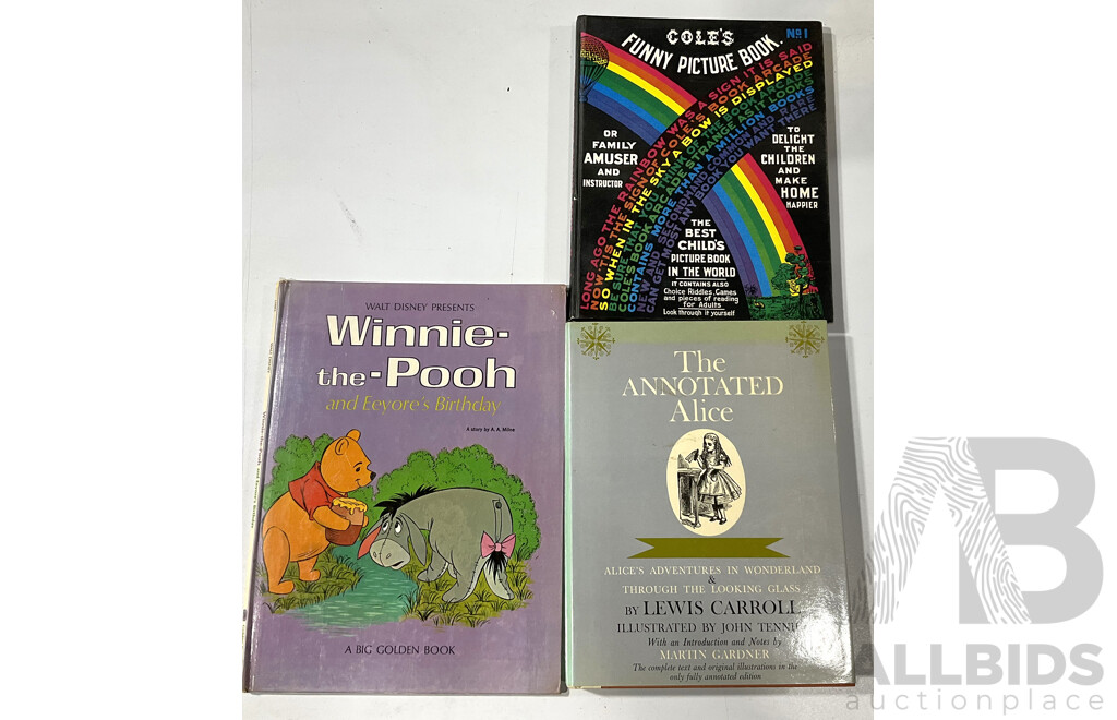 Collection Three Vintage Childrens Books Including Disney Winnie the Pooh, the Annotated Alice and Coles Funny Picture Book Number 1
