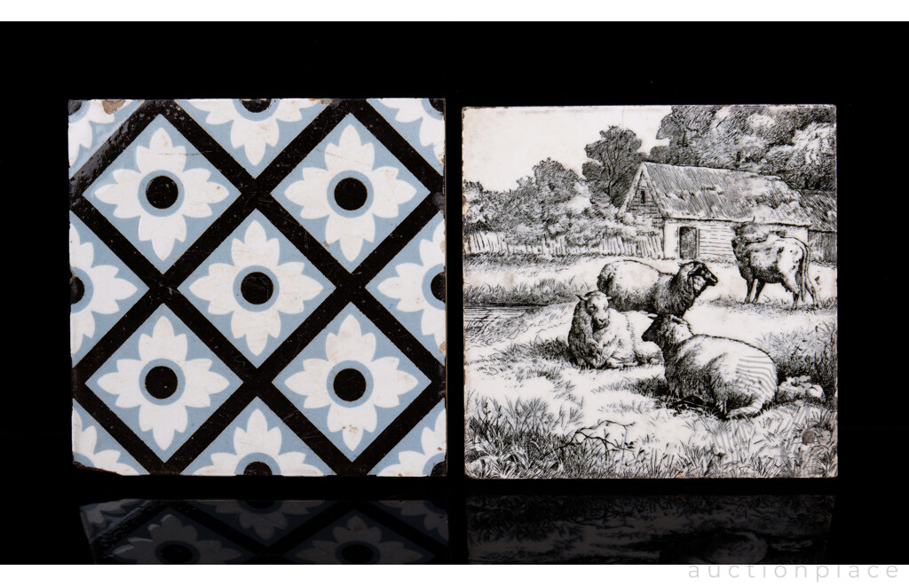 Antique English Minton Tile with Sheep Scene Along with Malkin Burslem Tile Example