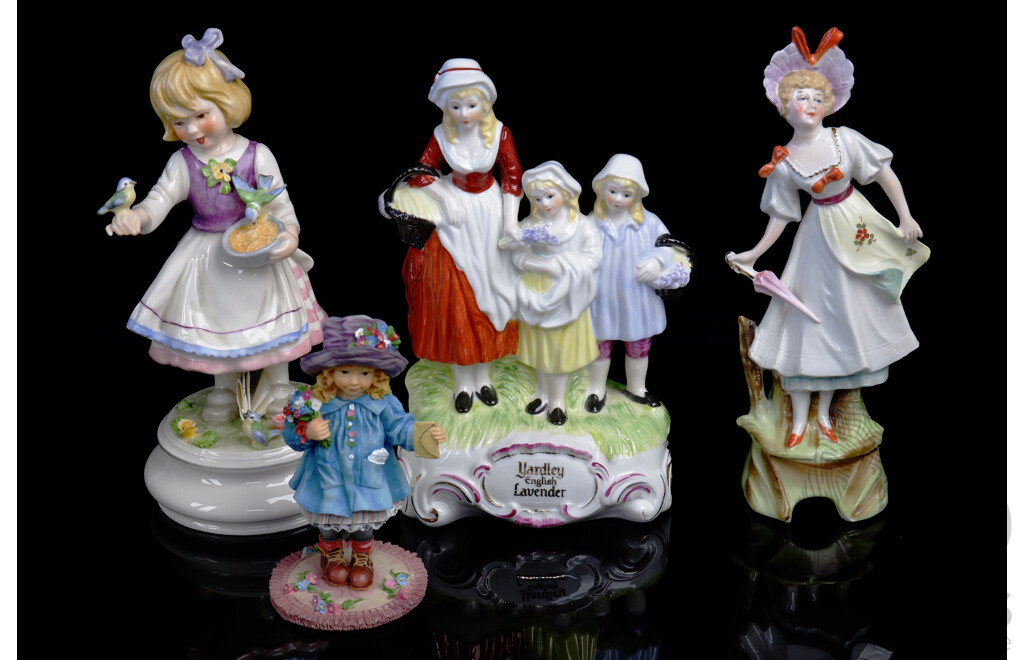 Collection Four Porcelain Figures of Youths Including Goebells Hand Painted Limited Edition 1234 of 2000 Girl Feeding Blue Birds and More