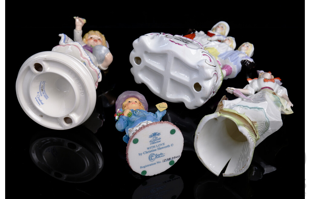 Collection Four Porcelain Figures of Youths Including Goebells Hand Painted Limited Edition 1234 of 2000 Girl Feeding Blue Birds and More