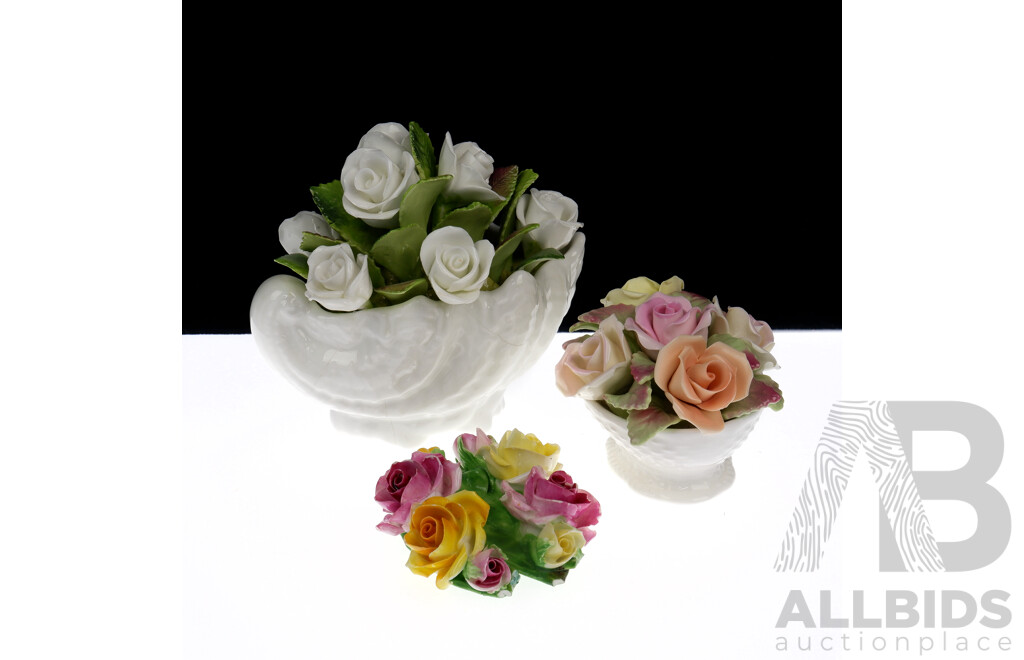Collection Three Fine Porcelain Rose Posies INcluding White Coalport Example and More