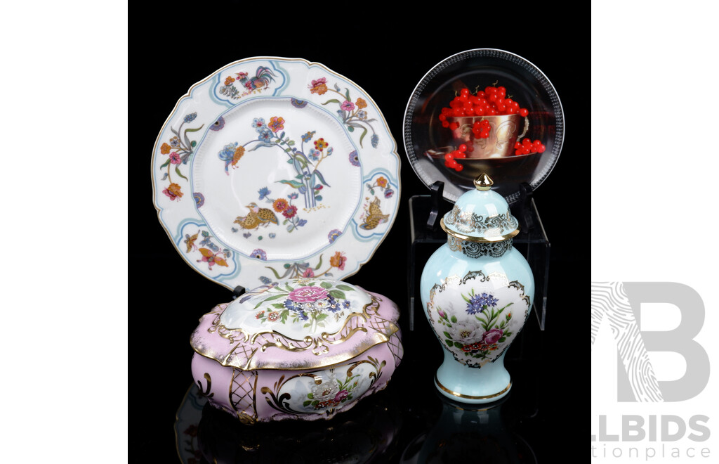Collection French Limoges Porcelain Pieces Including Lidded Box with Hand Painted Detail, Lidded Blue Urn Form Jar and More