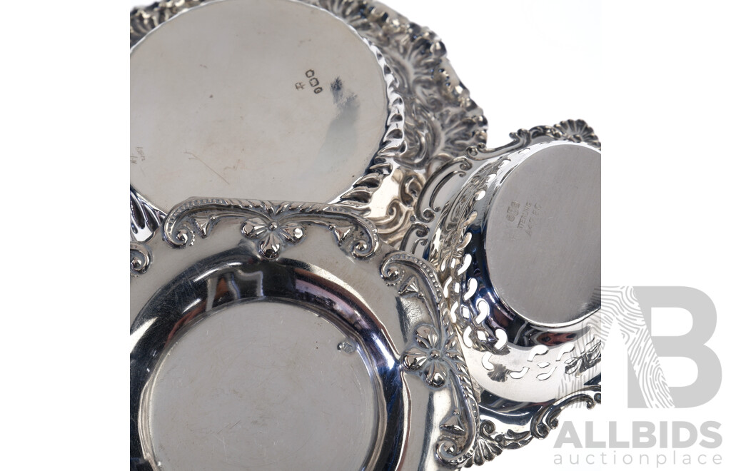 Antique Late Victorian Sterling Silver Dish with Repoussed Rim, Sheffield 1895 Along with Small Dish Marked 800 Silver & Sterling Silver Dish with Pierced Sides, Birmingham