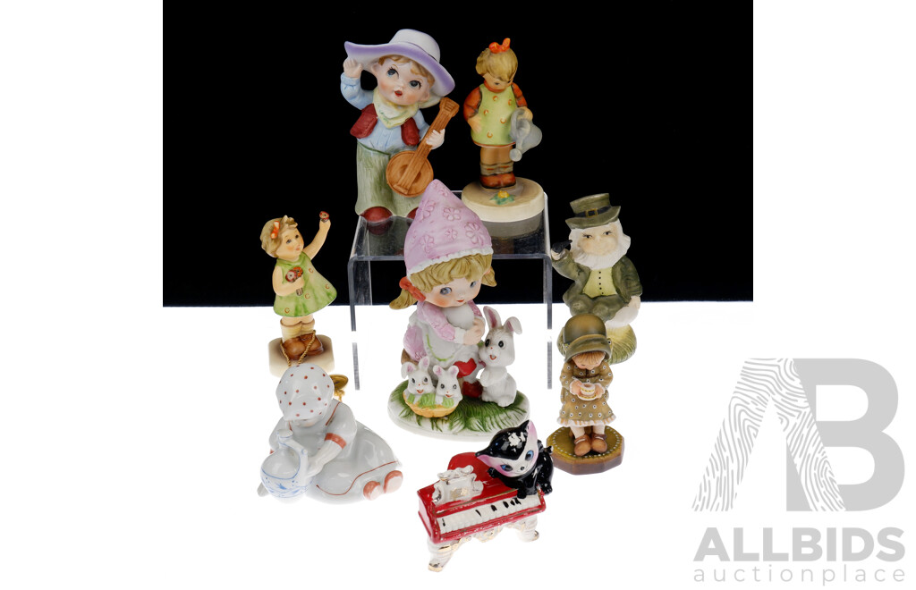Collection Eight Ceramic Child Figures Including Two Goebells Girl in Green Dress Figures and More
