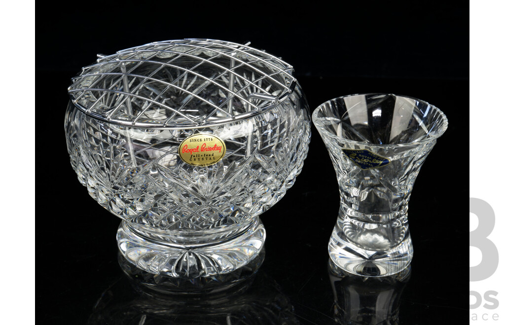 Vintage Royal Brierley Crystal Rose Vase with Mesh with Original Label Along with Small Vase From the Same Maker