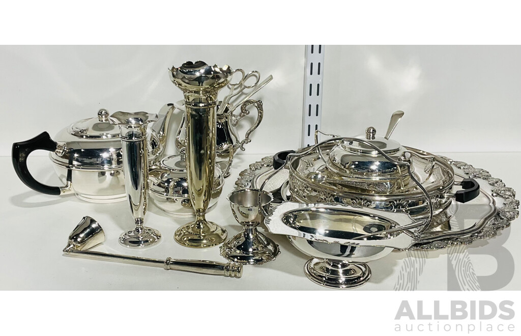 Collection  Vintage and Other Silver Plate Including Three Piece Perfection Plate Teapot, Jug, Sugar Bowl, Two Chargers and More