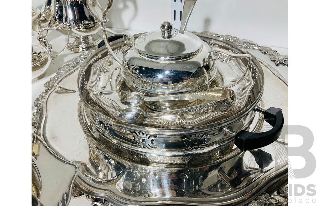 Collection  Vintage and Other Silver Plate Including Three Piece Perfection Plate Teapot, Jug, Sugar Bowl, Two Chargers and More