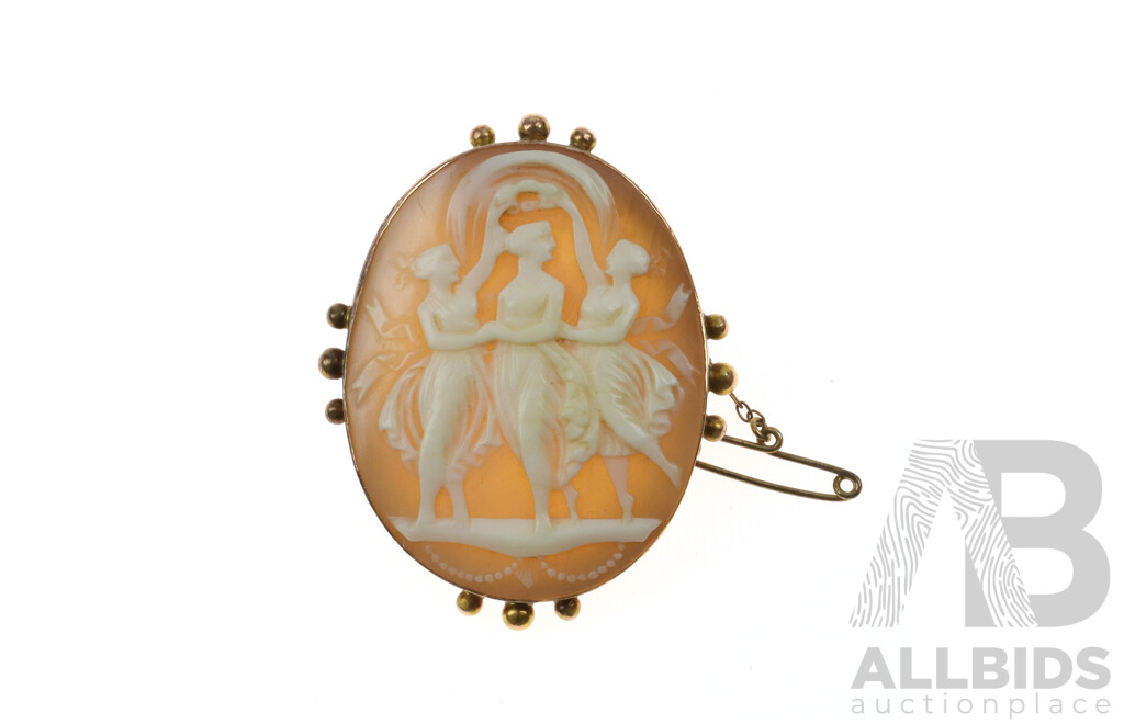 14ct Rose Gold Shell Cameo Brooch, 4.5cm X 3.5cm, 8.85 Grams