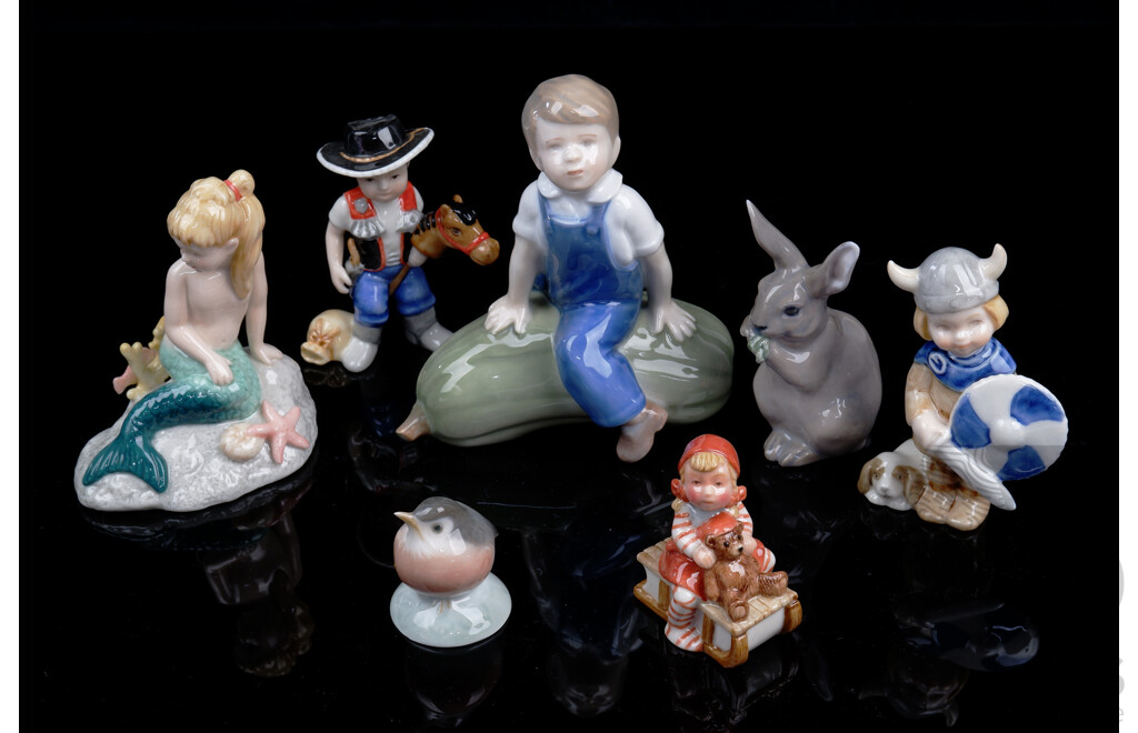 Collection Seven Vintage Royal Copenhagen Porcelain Figures Including Boy on Giant Pickle, Viking Girl and More
