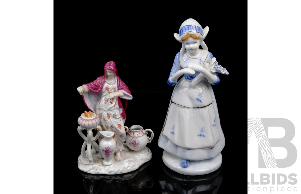Two Antique Continental Porcelain Figures Including Dutch Girl with Flowers