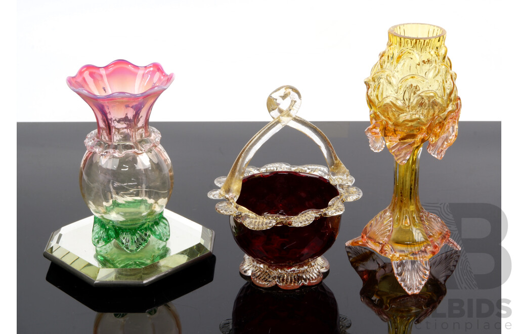 Three Antique or Vintage Glass Pieces Comprising Late Victorian Vaseleine Glass Three Colour Example on Mirror Stand, Ruby Glass Basket with Aventurine Inclusions & Two Colour Artichoke Form Example