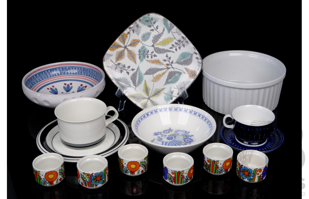 Collection Retro Ceramics Including Set Six Villeroy & Boch Acupulco Egg Cups, Ulla Procope for Arabia Demitasse Duo and More