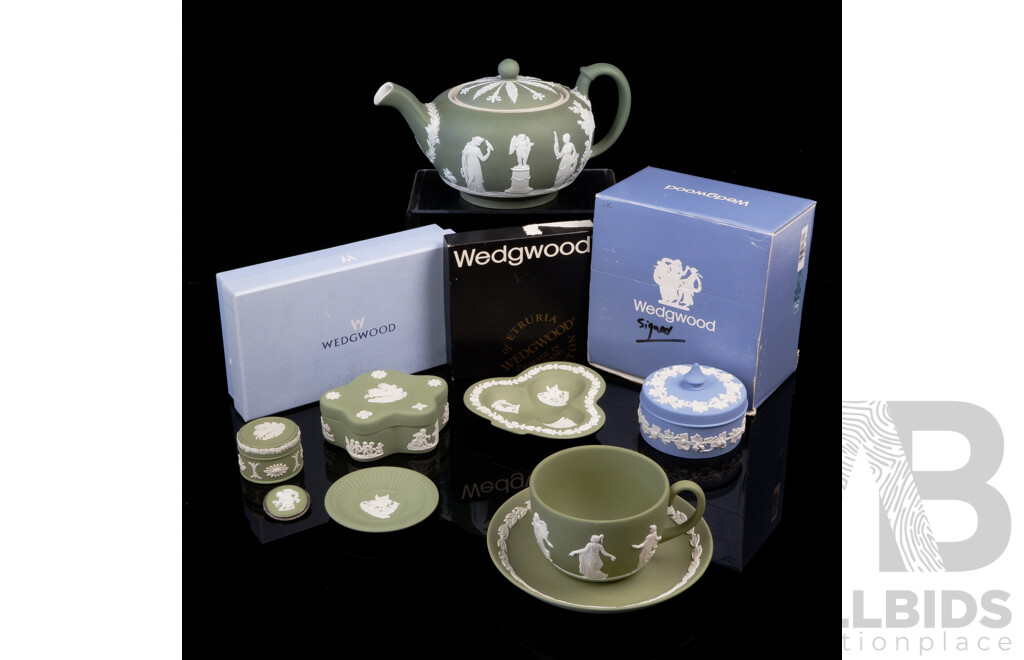 Collection English Wedgwood Jasperware Porcelain Including Green Teapot and Duo, Brooch and More