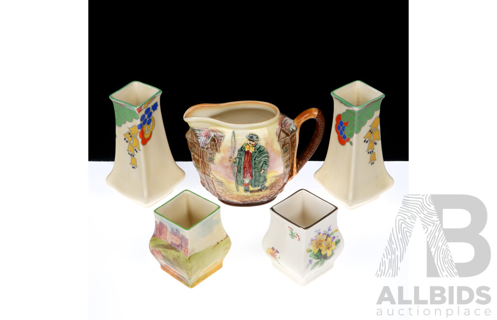 Collection Antique Royal Doulton Porcelain Including Pair Caprice Vases, Harlech Castle Vase, Tony Weller Jug and More