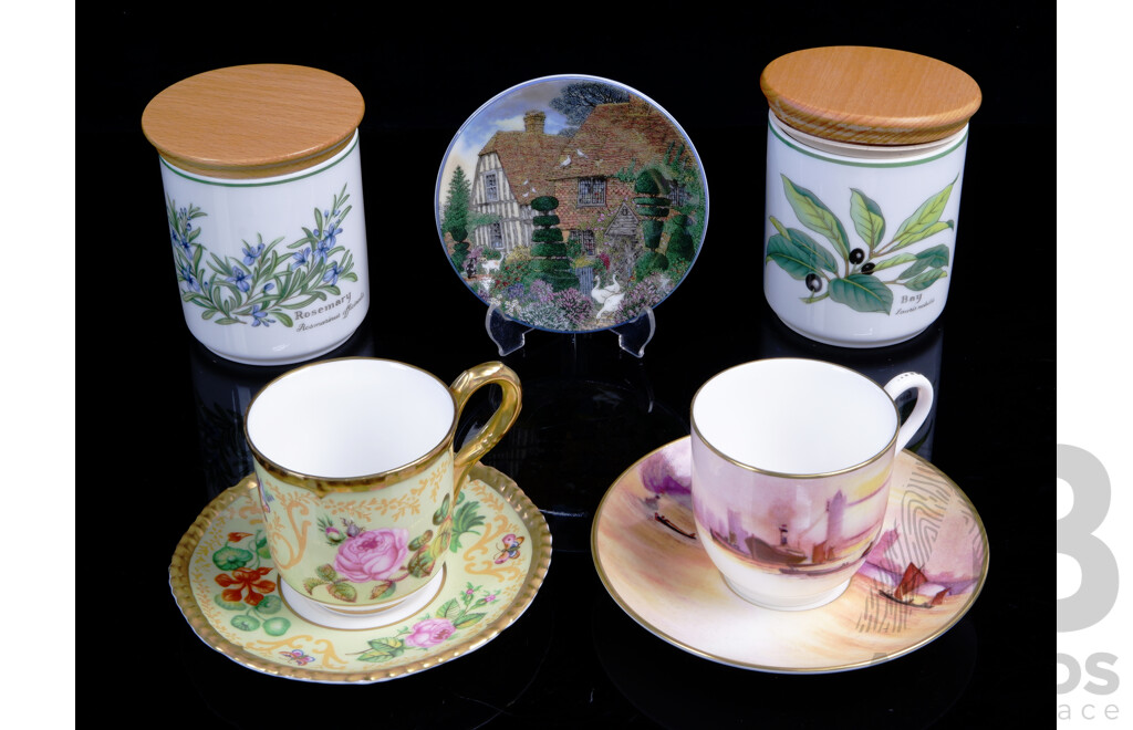 Collection Royal Worcester Porcelain Including Samuel Aslies English Flowers Duo, London Scenes Duo, Two Herb Canisters with Wooden Lids and More