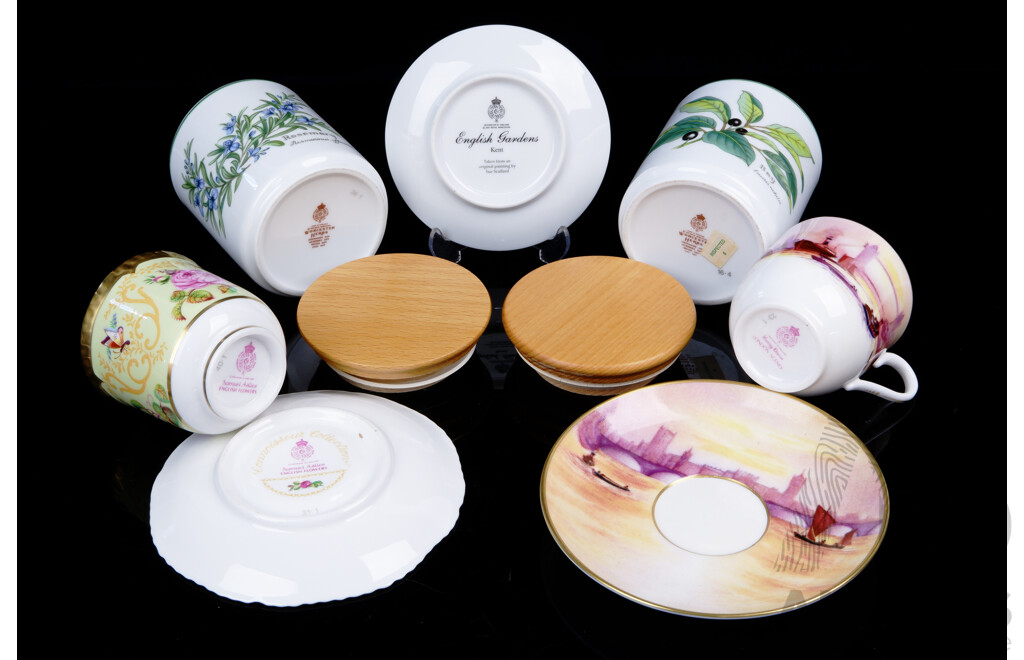 Collection Royal Worcester Porcelain Including Samuel Aslies English Flowers Duo, London Scenes Duo, Two Herb Canisters with Wooden Lids and More
