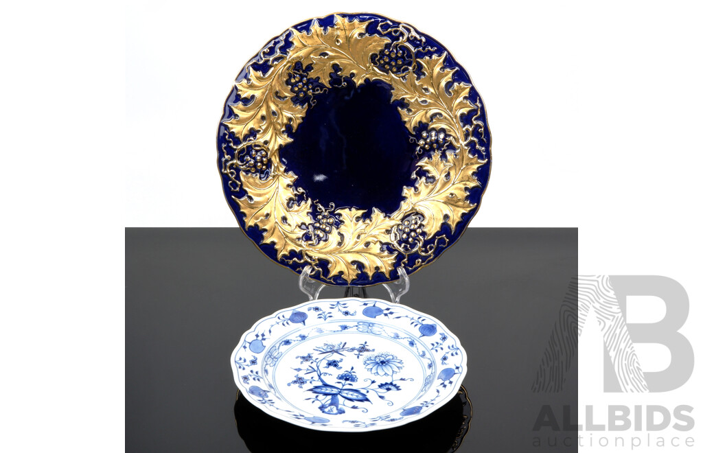 Two Vintage Meissen Porcelain Plates Comprising Blue and Gold Grape and Vine Example and Blue Onion Example
