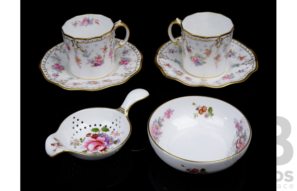Collection English Royal Crown Derby Porcelain Including Strainer and Underplate in Derby Posies and More