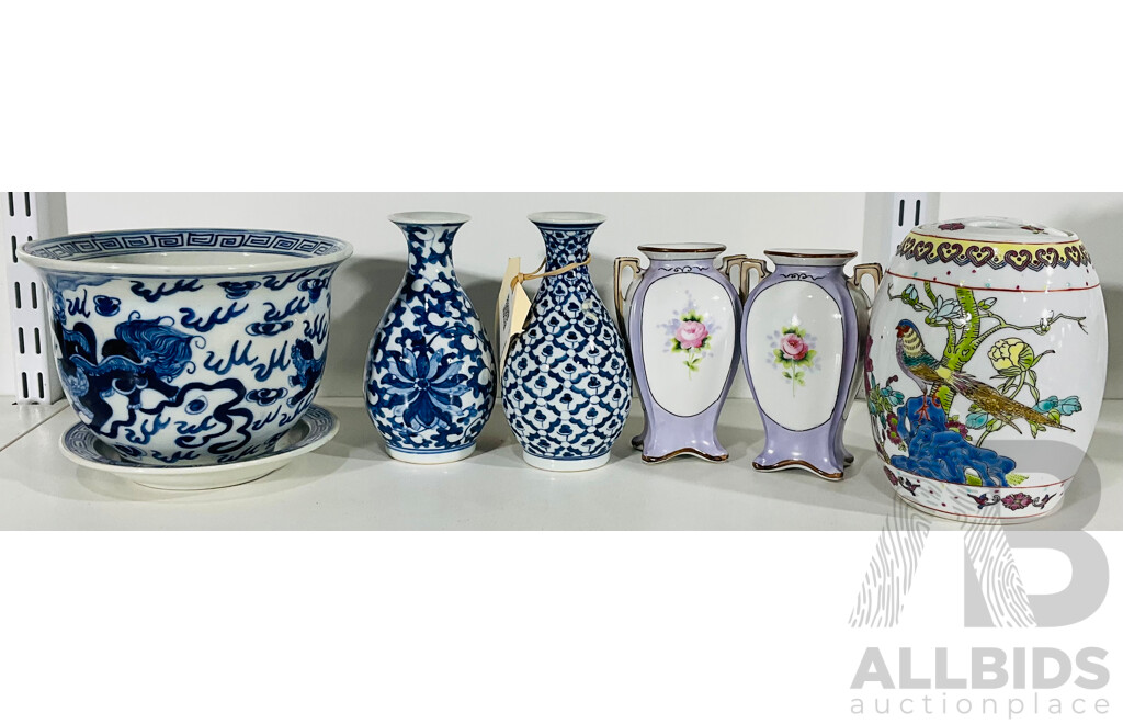 Collection Asian Porcelain Including Pair Noritke Twin Handled Vases, Miniature Chinese Drum Stool and More