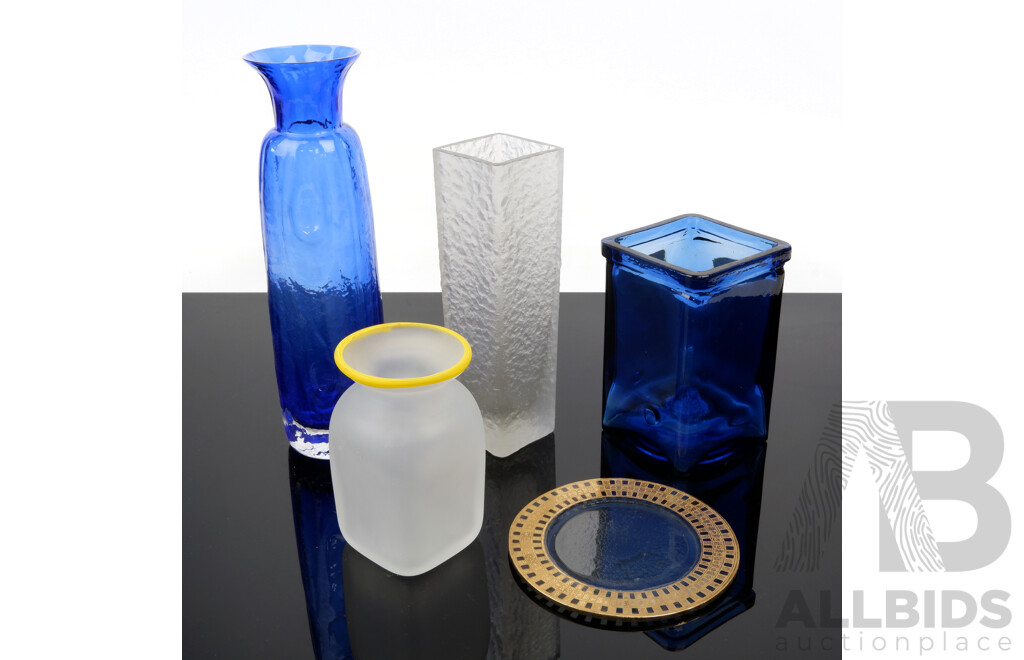 Collection Studio Art Glass Including Peter Crisp Plate, Sea Glass Blue Bag Form Vase Ansd More