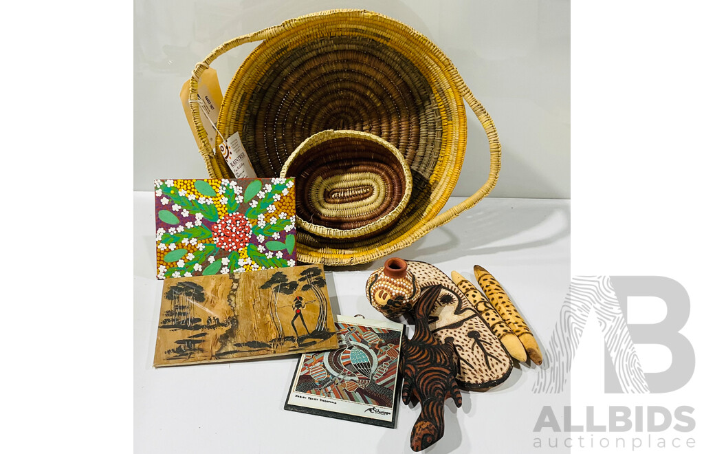 Collection Australian Indigenous Handtcrafts Including Pokerwork Decorated Hand Carved Wooden Goanna and More