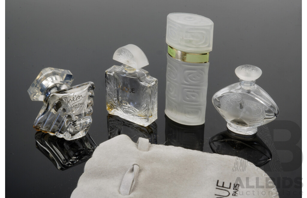 Collection Minaiture Empty Perfume Bottles Comprising Lalique Tendre Kiss 4.5ml, Lalique 4.5ml, Lancombe and Treson by Lancombe