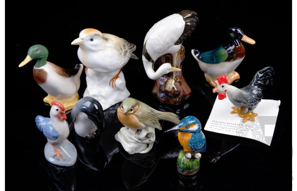 Collection Porcelain Bird Figures Including Pair Royal Doulton Ducks, Royal Doulton Penguin, Capodimonte Red Breast and More