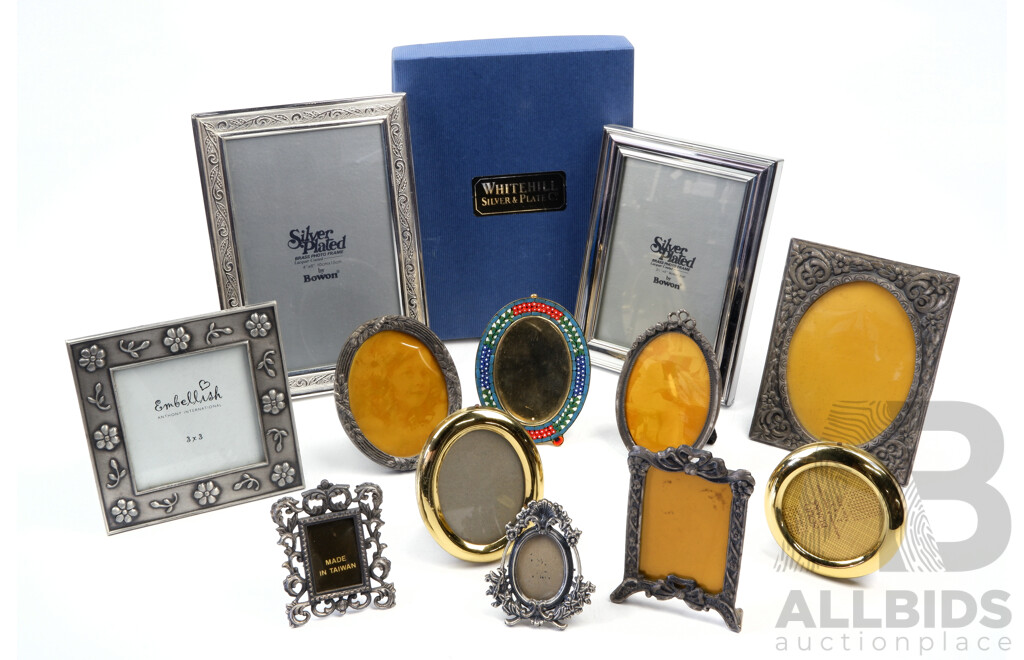 Collection Twelve Small PIcture Frames Including Italian Micro Mosaic, Silver Plate, Brass and Pewter Examples