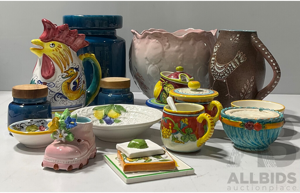 Collection Italian, Portuguese and Other Hand Painted Rustic Ceramics Including Funky Rooster Jug and Much More