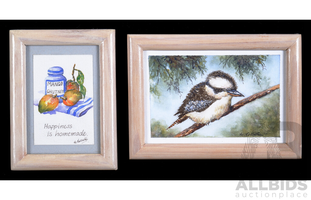Two Miniature Watercolours by Marion Rolleston, Australian Laughing Kookaburra & Happiness is Homemade (2)