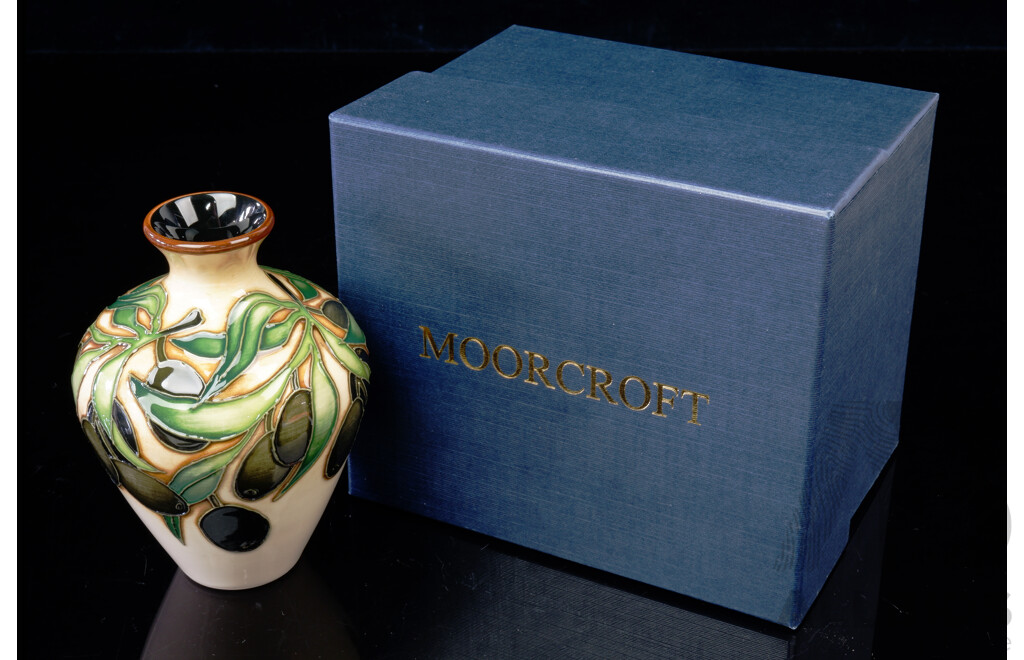 Moorcroft Porcelain Bud Vase From the Mediteranean Collection in Olive Design by Nicola Stanley in Original Box