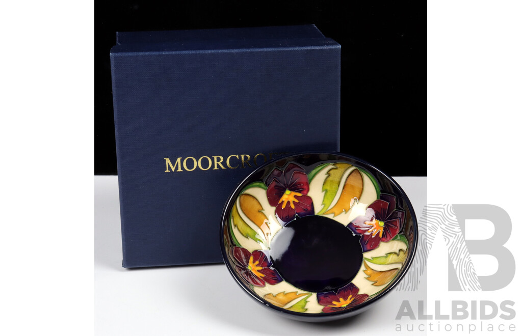 Moorcroft Porcelain Bowl in the Dames Pansy Design by Kerry Goodwin in Original Box