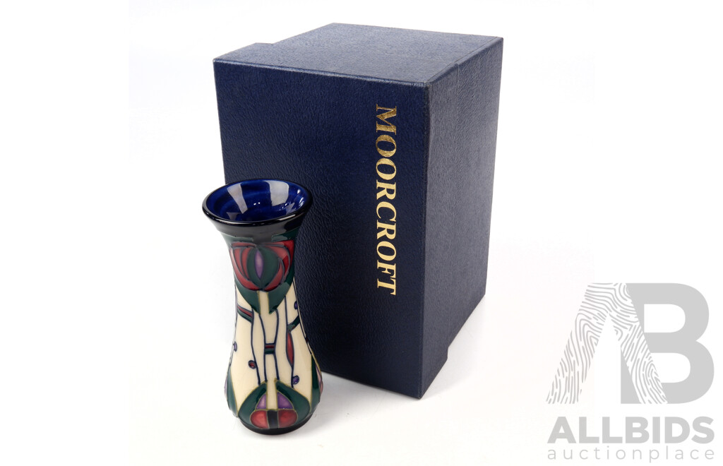 Moorcroft Porcelain Bud Vase, a Tribute to James Rennie Mackintosh in Original Box