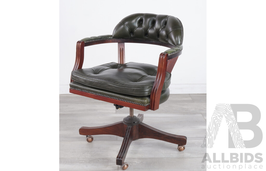Antique Style Captains Office Chair in Dark Green Leather