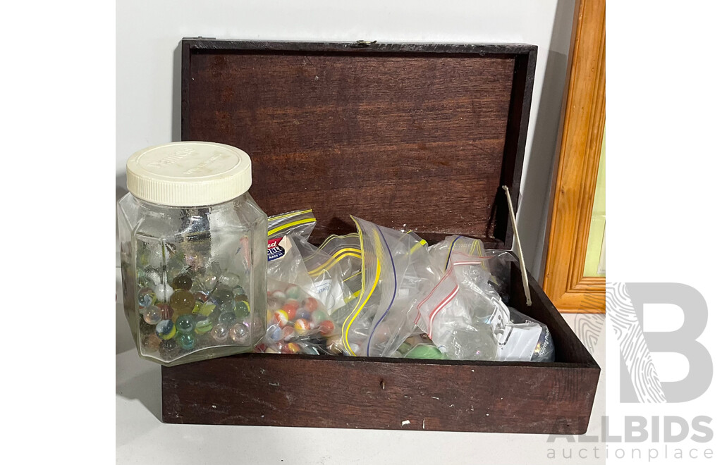 Large Collection of Vintage Glass Marbles Including a Set in Its Original Packagaing