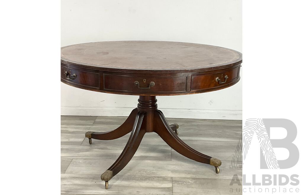 Antique Style Round Pedestal Console Table with Four Drawers and Leather Top