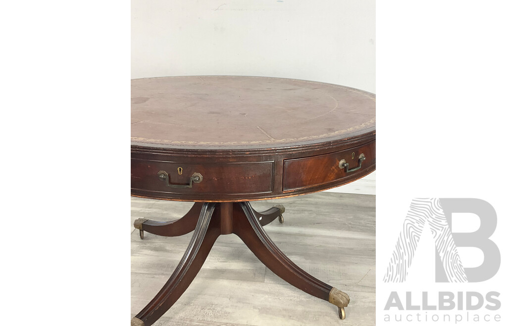 Antique Style Round Pedestal Console Table with Four Drawers and Leather Top