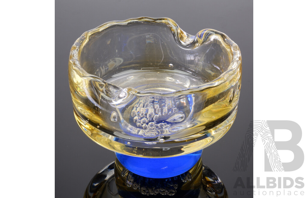Retro Yellow and Blue Art Glass Footed Ashtray