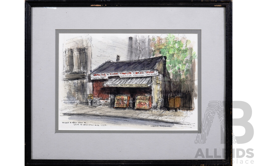 Harold Radgiff (1923-2011, American), Smoke & Head Shop at 28th Street & Lexington Ave, New York City, Ink & Watercolour