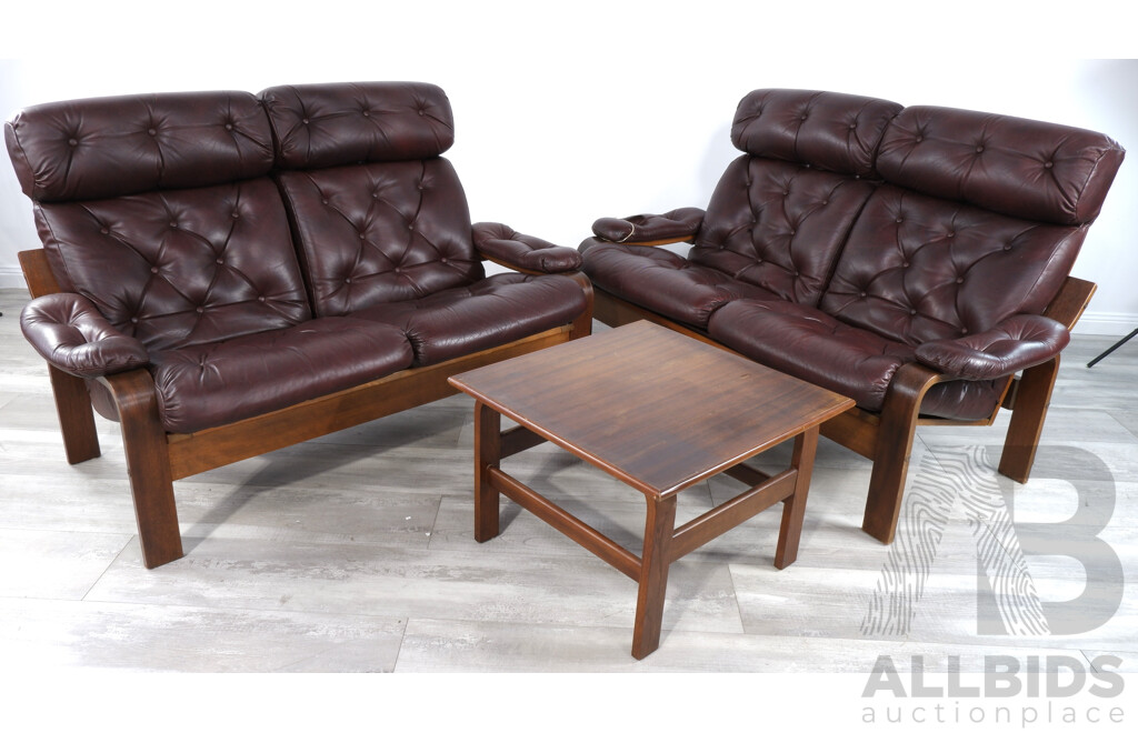 Two Danish Deluxe Leather Bentwood Lounges and Coffee Table