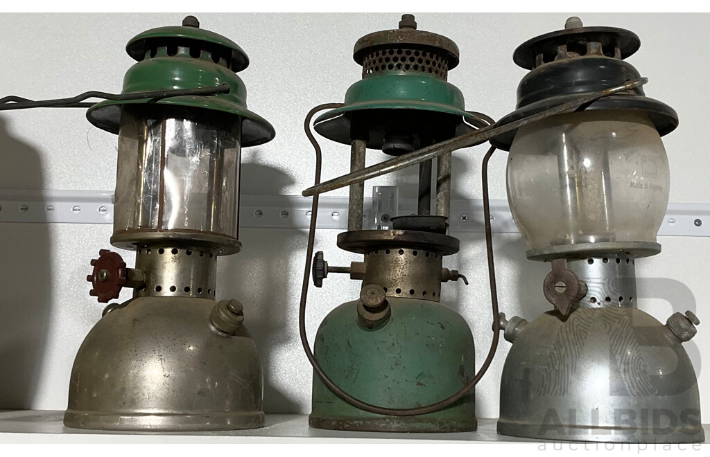 Three Vintage Pressure Hurricane Lanterns