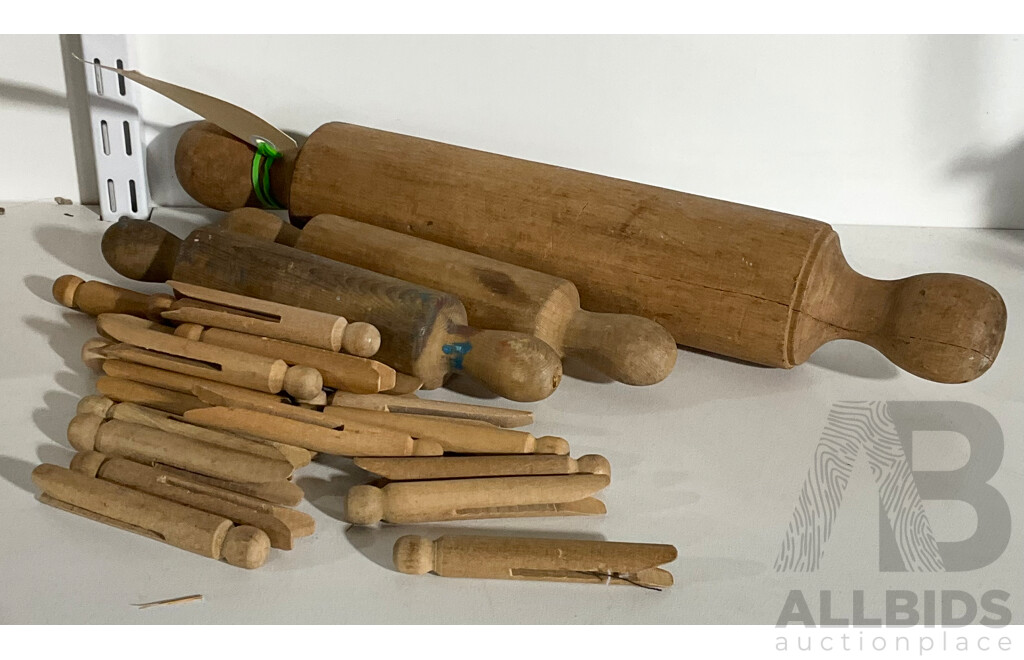 Three Vintage Timber Rolling Pins and a Good Assortment of Dolly Pegs