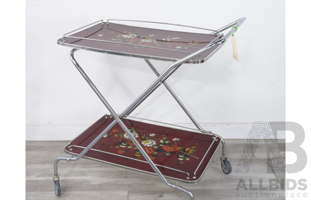 Vintage Chrome Folding Tea Trolley with Handpainted Floral Decoration