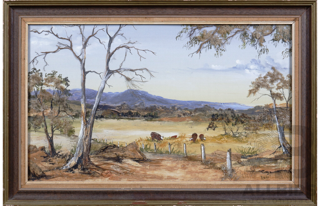 A. Willis, Australian Lansdscape with Fence & Cattle, Mixed Media on Board