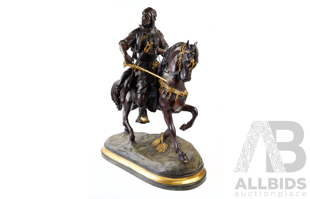 Large Reproduction Bronze Statue of Arab Warrior on Horseback with Hand Painted Detail, Marked Bayre Fils